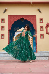 Gorgeous Green Georgette Kutchi Patchework Gown